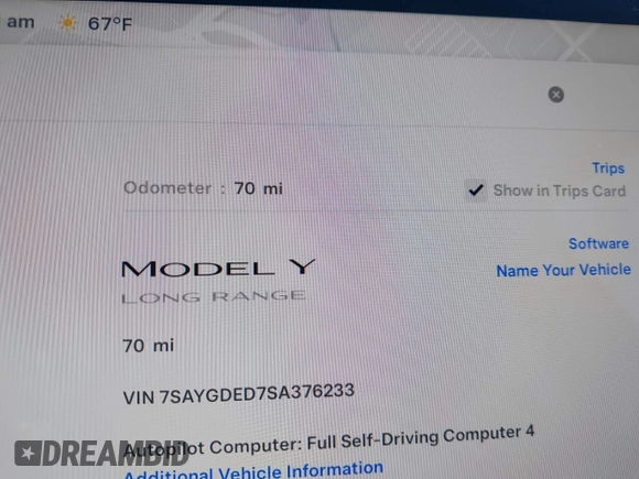 2025 Tesla Model Y Long Range with VIN 7SAYGDED7SA376233, listed as a IAAI auction lot 41777876 with 70 mi miles and . Bid and sale history available at DreamBid. Image 7.