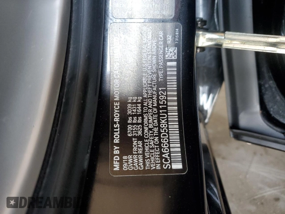 2019 Rolls-Royce Dawn z VIN SCA666D58KU115921, wystawiony jako Copart lot #73912984 z przebiegiem Nie podano mil oraz Szkody całkowita. Historia ofert i sprzedaży dostępna na DreamBid. Obrazek 14.