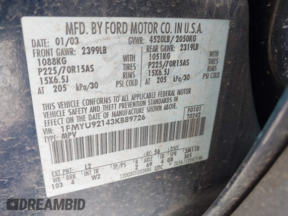 2003 Ford Escape XLS Popular с VIN 1FMYU92143KB89726, выставлен на аукционе IAAI как лот 42002613 с пробегом 95 586 миль миль и . История ставок и продаж доступна на DreamBid. Изображение 9.