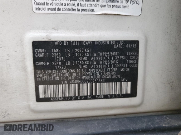 2012 Subaru Outback Prem with VIN 4S4BRCCC2C3253583, listed as a Copart auction lot 54341135 with 174,624 mi miles and Salvage title. Bid and sale history available at DreamBid. Image 14.