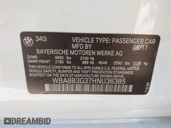 2017 BMW 3 Series 340i with VIN WBA8B3G37HNU36385, listed as a IAAI auction lot 40988676 with 41,492 mi miles and . Bid and sale history available at carsss.com. Image 9.