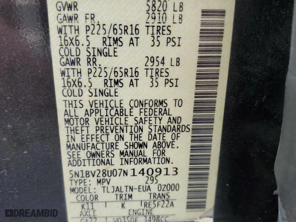 2007 Nissan Quest SL with VIN 5N1BV28U07N140913, listed as a Copart auction lot 49045225 with 185,961 mi miles and Salvage Title. Bid and sale history available at carsss.com. Image 15.
