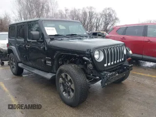 2018 Jeep Wrangler Unlimited Sahara z VIN 1C4HJXEN6JW332956, wystawiony jako IAAI lot #41477681 z przebiegiem 97 446 mil mil oraz . Historia ofert i sprzedaży dostępna na DreamBid. Obrazek 1.