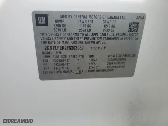 2015 Chevrolet Equinox LT with VIN 2GNFLFEK2F6303089, listed as a Copart auction lot 54121695 with 145,135 mi miles and Clean Title. Bid and sale history available at carsss.com. Image 13.