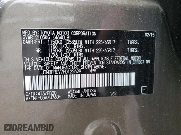 2015 Toyota RAV4 LE with VIN JTMBFREV7FD122629, listed as a Copart auction lot 61292175 with Not provided miles and Salvage title. Bid and sale history available at DreamBid. Image 14.