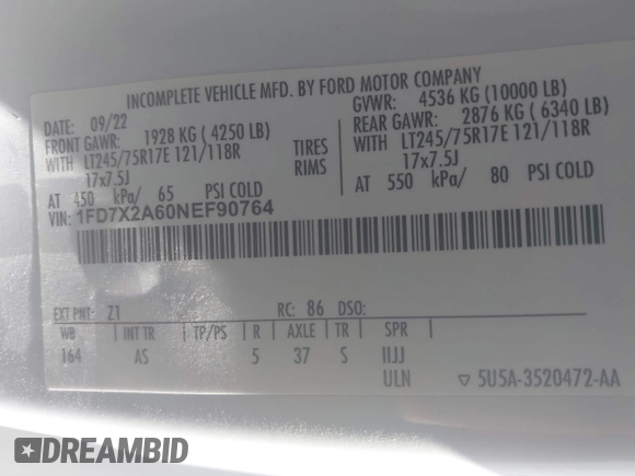 2022 Ford F-250 XL z VIN 1FD7X2A60NEF90764, wystawiony jako IAAI lot #42086688 z przebiegiem 108 681 mil mil oraz . Historia ofert i sprzedaży dostępna na DreamBid. Obrazek 9.