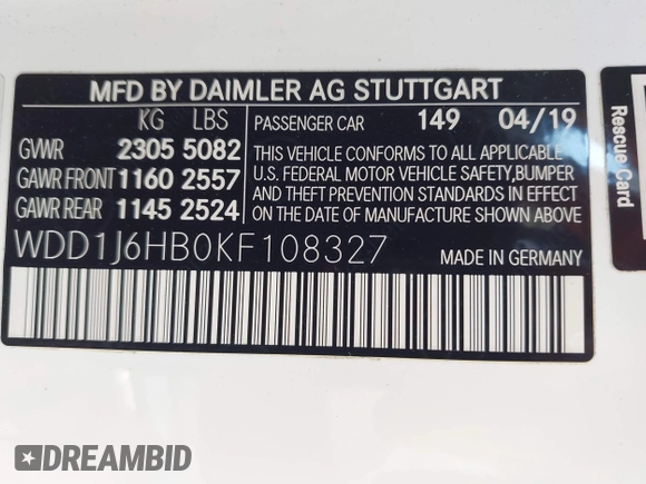 2019 Mercedes-Benz E 450 with VIN WDD1J6HB0KF108327, listed as a IAAI auction lot 41992868 with 45,936 mi miles and . Bid and sale history available at DreamBid. Image 9.