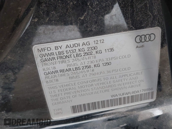 2013 Audi allroad A4 Premium Plus with VIN WA1UFAFL6DA176956, listed as a IAAI auction lot 42128902 with 129,554 mi miles and . Bid and sale history available at DreamBid. Image 9.