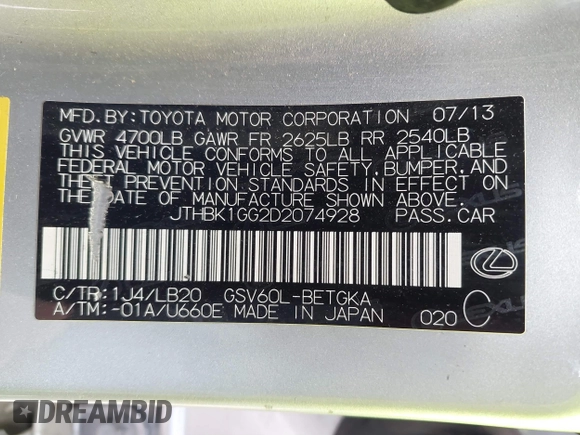 2013 Lexus ES 250 с VIN JTHBK1GG2D2074928, выставлен на аукционе IAAI как лот 41879132 с пробегом 108 932 миль миль и . История ставок и продаж доступна на DreamBid. Изображение 9.