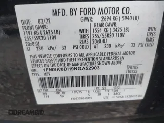 2022 Ford Explorer XLT with VIN 1FMSK8DH9NGA52903, listed as a IAAI auction lot 42704656 with 63,591 mi miles and . Bid and sale history available at DreamBid. Image 9.