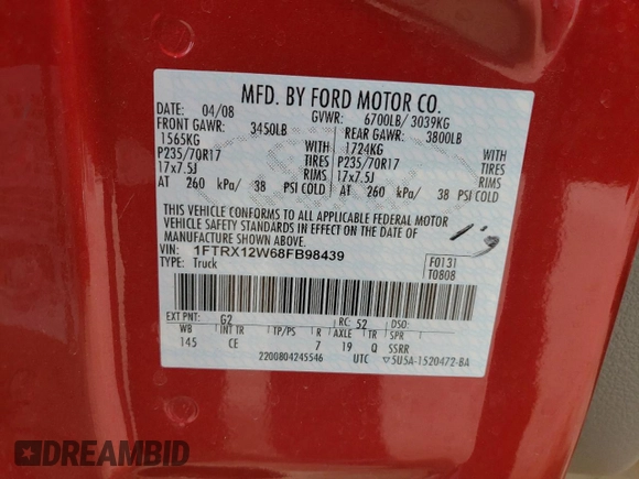2008 Ford F-150 STX with VIN 1FTRX12W68FB98439, listed as a Copart auction lot 53005505 with 190,752 mi miles and Salvage title. Bid and sale history available at DreamBid. Image 14.