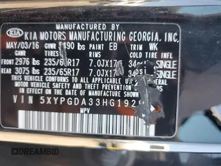 2017 Kia Sorento LX with VIN 5XYPGDA33HG192983, listed as a Copart auction lot 61721335 with 115,758 mi miles and Salvage title. Bid and sale history available at DreamBid. Image 13.