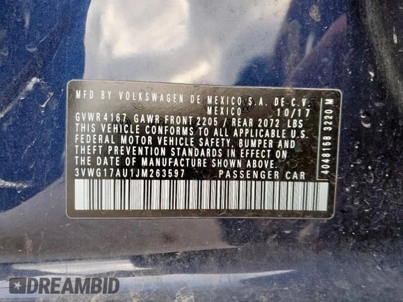 2018 Volkswagen Golf S z VIN 3VWG17AU1JM263597, wystawiony jako Copart lot #54077065 z przebiegiem 63 550 mil mil oraz Szkoda całkowita • Salvage title. Historia ofert i sprzedaży dostępna na DreamBid. Obrazek 13.