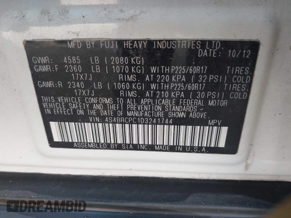 2013 Subaru Outback Limited с VIN 4S4BRCPC1D3241744, выставлен на аукционе IAAI как лот 42289563 с пробегом 88 224 миль миль и . История ставок и продаж доступна на DreamBid. Изображение 9.