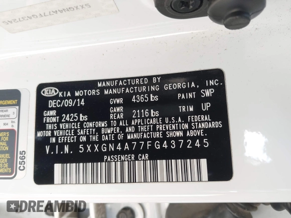 2015 Kia Optima EX with VIN 5XXGN4A77FG437245, listed as a IAAI auction lot 41560539 with 196,480 mi miles and . Bid and sale history available at DreamBid. Image 9.