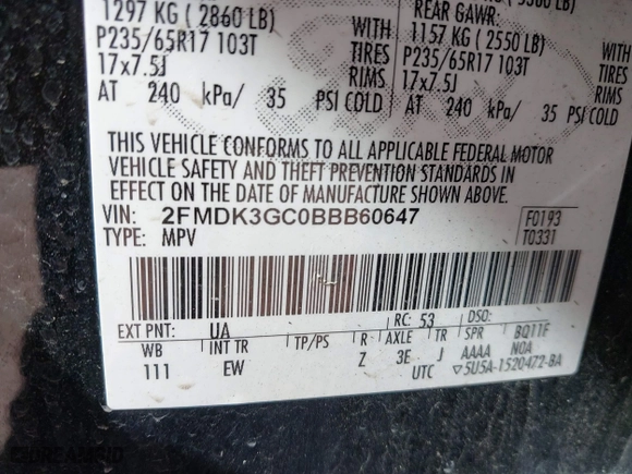 2011 Ford Edge SE with VIN 2FMDK3GC0BBB60647, listed as a IAAI auction lot 41756534 with 196,751 mi miles. Bid and sale history available at carsss.com. Image 9.