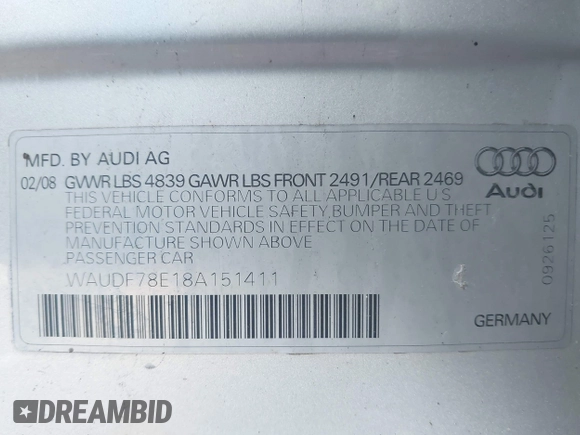 2008 Audi A4 2.0T with VIN WAUDF78E18A151411, listed as a IAAI auction lot 42034389 with Not provided miles and . Bid and sale history available at DreamBid. Image 9.