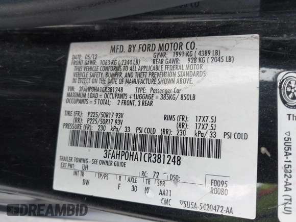 2012 Ford Fusion SE with VIN 3FAHP0HA1CR381248, listed as a IAAI auction lot 42120526 with 233,348 mi miles. Bid and sale history available at carsss.com. Image 9.