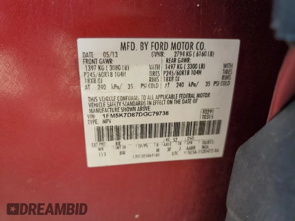 2013 Ford Explorer XLT with VIN 1FM5K7D87DGC79738, listed as a Copart auction lot 50751175 with 156,475 mi miles and Salvage Title. Bid and sale history available at DreamBid. Image 16.