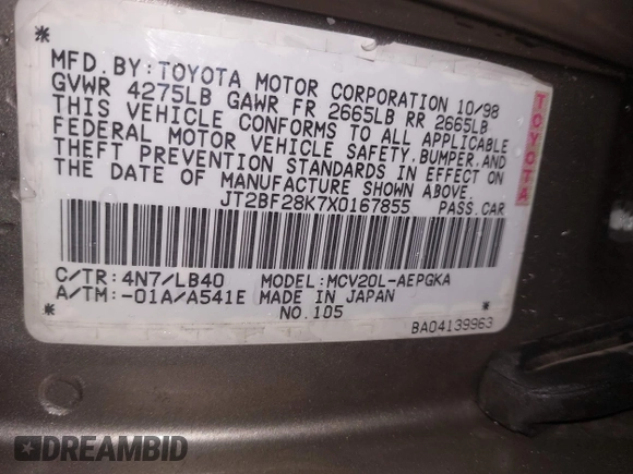 1999 Toyota Camry LE z VIN JT2BF28K7X0167855, wystawiony jako IAAI lot #41609230 z przebiegiem 242 398 mil mil oraz . Historia ofert i sprzedaży dostępna na DreamBid. Obrazek 9.