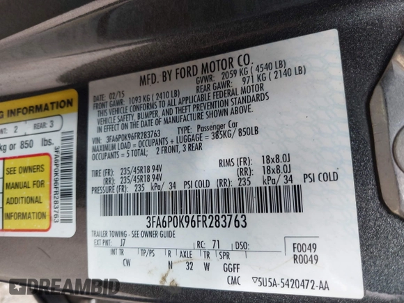 2015 Ford Fusion Titanium with VIN 3FA6P0K96FR283763, listed as a IAAI auction lot 42046868 with 104,542 mi miles. Bid and sale history available at carsss.com. Image 9.