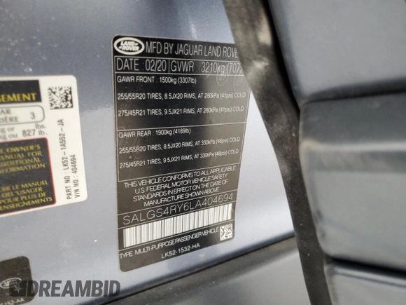 2020 Land Rover Range Rover with VIN SALGS4RY6LA404694, listed as a Copart auction lot 59352225 with 47,938 mi miles and Salvage title. Bid and sale history available at DreamBid. Image 13.