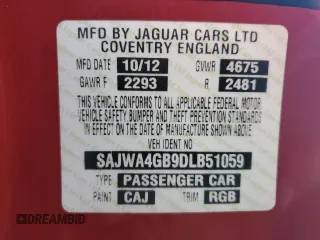 2013 Jaguar XK with VIN SAJWA4GB9DLB51059, listed as a Copart auction lot 77322014 with 0 mi miles and Salvage Title. Bid and sale history available at carsss.com. Image 13.