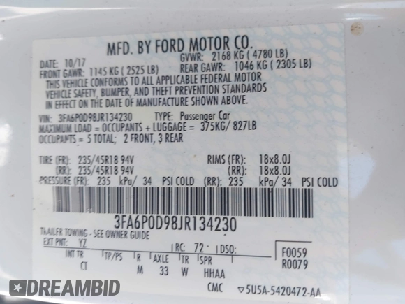 2018 Ford Fusion Titanium with VIN 3FA6P0D98JR134230, listed as a IAAI auction lot 42567084 with 107,459 mi miles and . Bid and sale history available at DreamBid. Image 9.