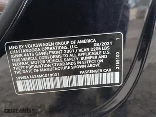 2021 Volkswagen Passat 2.0T SE with VIN 1VWSA7A34MC019031, listed as a IAAI auction lot 41150221 with 50,796 mi miles. Bid and sale history available at carsss.com. Image 9.