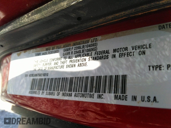 2005 Subaru Legacy GT with VIN 4S3BL686756218310, listed as a IAAI auction lot 36993030 with Not provided miles and . Bid and sale history available at DreamBid. Image 9.
