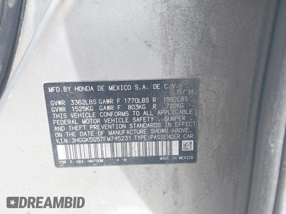 2015 Honda Fit LX with VIN 3HGGK5G57FM745231, listed as a IAAI auction lot 42250402 with 237,911 mi miles and . Bid and sale history available at DreamBid. Image 9.