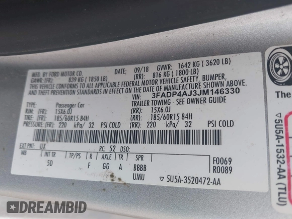2018 Ford Fiesta S with VIN 3FADP4AJ3JM146330, listed as a IAAI auction lot 42268110 with Not provided miles and . Bid and sale history available at DreamBid. Image 9.