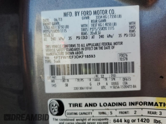 2013 Ford F-150 XL with VIN 1FTFW1EF3DKF18593, listed as a Copart auction lot 88673475 with Not Provided miles and Salvage Title. Bid and sale history available at DreamBid. Image 14.