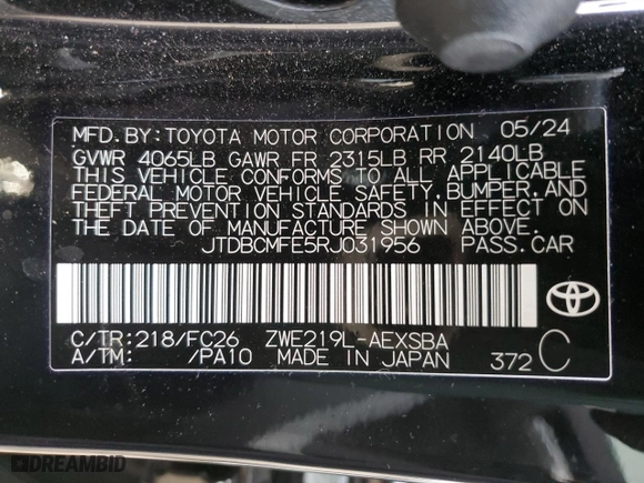 2024 Toyota Corolla Hybrid LE with VIN JTDBCMFE5RJ031956, listed as a Copart auction lot 48440715 with 13,971 mi miles and Salvage Title. Bid and sale history available at carsss.com. Image 14.