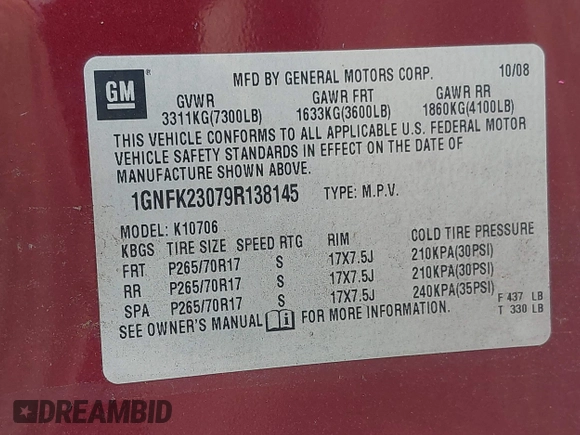 2009 Chevrolet Tahoe 2LT z VIN 1GNFK23079R138145, wystawiony jako IAAI lot #42109914 z przebiegiem 211 063 mil mil oraz . Historia ofert i sprzedaży dostępna na DreamBid. Obrazek 9.