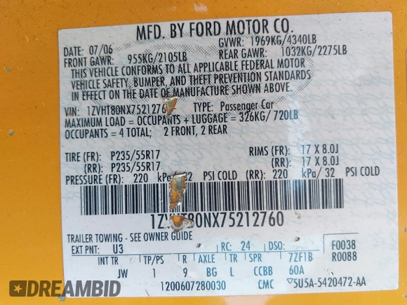 2007 Ford Mustang Deluxe with VIN 1ZVHT80NX75212760, listed as a IAAI auction lot 42716918 with 264,431 mi miles and . Bid and sale history available at DreamBid. Image 9.