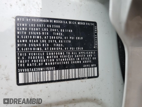 2024 Volkswagen Tiguan SE R-Line Black z VIN 3VV8B7AX3RM115902, wystawiony jako Copart lot #49396315 z przebiegiem 19 135 mil mil oraz Szkoda całkowita • Salvage title. Historia ofert i sprzedaży dostępna na DreamBid. Obrazek 15.
