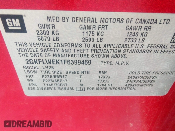 2015 GMC Terrain SLE with VIN 2GKFLWEK1F6399469, listed as a IAAI auction lot 42145914 with 121,890 mi miles and . Bid and sale history available at carsss.com. Image 9.