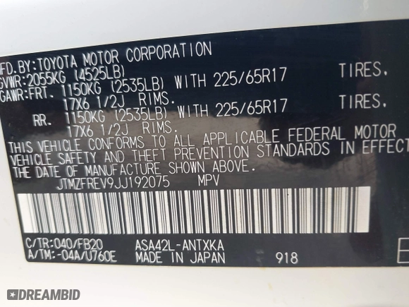 2018 Toyota RAV4 LE with VIN JTMZFREV9JJ192075, listed as a IAAI auction lot 41860513 with 64,586 mi miles. Bid and sale history available at carsss.com. Image 9.