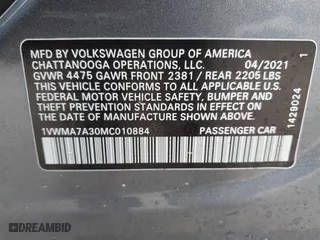 2021 Volkswagen Passat 2.0T R-Line with VIN 1VWMA7A30MC010884, listed as a IAAI auction lot 41299658 with 87,018 mi miles. Bid and sale history available at carsss.com. Image 9.