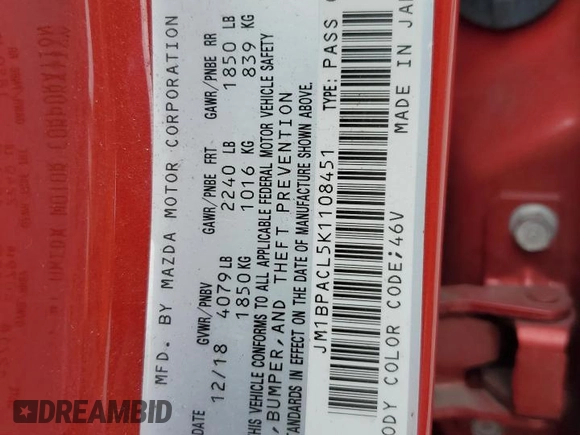 2019 Mazda 3 w/Select with VIN JM1BPACL5K1108451, listed as a Copart auction lot 44269545 with 39,796 mi miles and Clean Title. Bid and sale history available at carsss.com. Image 13.