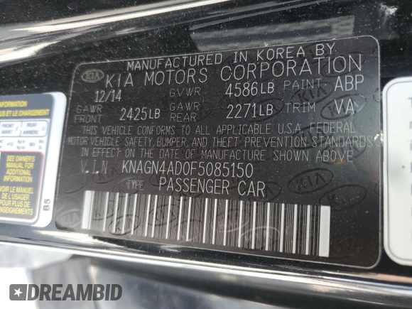 2015 Kia Optima EX with VIN KNAGN4AD0F5085150, listed as a Copart auction lot 56314155 with 87,635 mi miles and Salvage title. Bid and sale history available at DreamBid. Image 13.