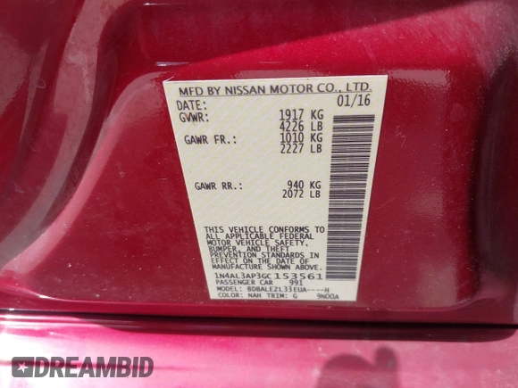 2016 Nissan Altima SR with VIN 1N4AL3AP3GC153561, listed as a IAAI auction lot 42497897 with 257,907 mi miles and . Bid and sale history available at DreamBid. Image 9.