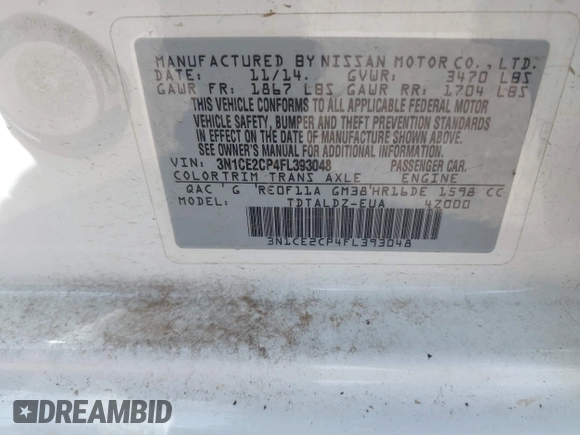 2015 Nissan Note SV с VIN 3N1CE2CP4FL393048, выставлен на аукционе IAAI как лот 42182222 с пробегом 120 121 миль миль и . История ставок и продаж доступна на DreamBid. Изображение 9.