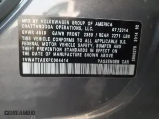 2015 Volkswagen Passat 1.8T Wolfsburg Ed with VIN 1VWAT7A3XFC004414, listed as a Copart auction lot 47180725 with 132,464 mi miles and Salvage Title. Bid and sale history available at carsss.com. Image 12.