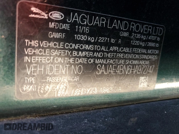 2017 Jaguar XE with VIN SAJAE4BN6HA972747, listed as a Copart auction lot 85415574 with 80,870 mi miles and Salvage Title. Bid and sale history available at DreamBid. Image 13.