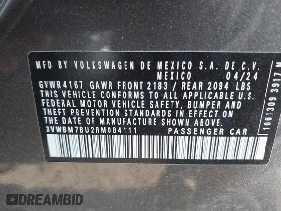 2024 Volkswagen Jetta Sport with VIN 3VWBM7BU2RM084111, listed as a IAAI auction lot 42532212 with 4,435 mi miles and . Bid and sale history available at DreamBid. Image 9.