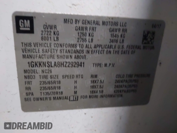 2017 GMC Acadia SLE with VIN 1GKKNSLA8HZ292941, listed as a IAAI auction lot 41360315 with 102,362 mi miles. Bid and sale history available at carsss.com. Image 9.
