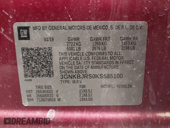 2019 Chevrolet Blazer RS with VIN 3GNKBJRS0KS585100, listed as a IAAI auction lot 41323943 with Not provided miles and . Bid and sale history available at DreamBid. Image 9.
