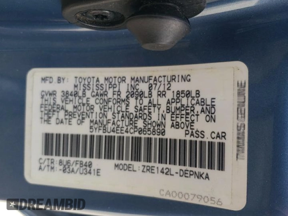 2012 Toyota Corolla L with VIN 5YFBU4EE4CP065890, listed as a Copart auction lot 52754675 with 127,668 mi miles and Salvage Title. Bid and sale history available at carsss.com. Image 12.